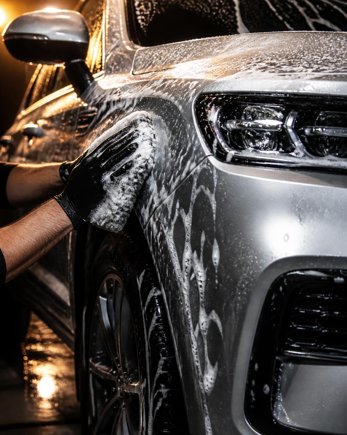 Gloved hands hand-washing a foamed car panel