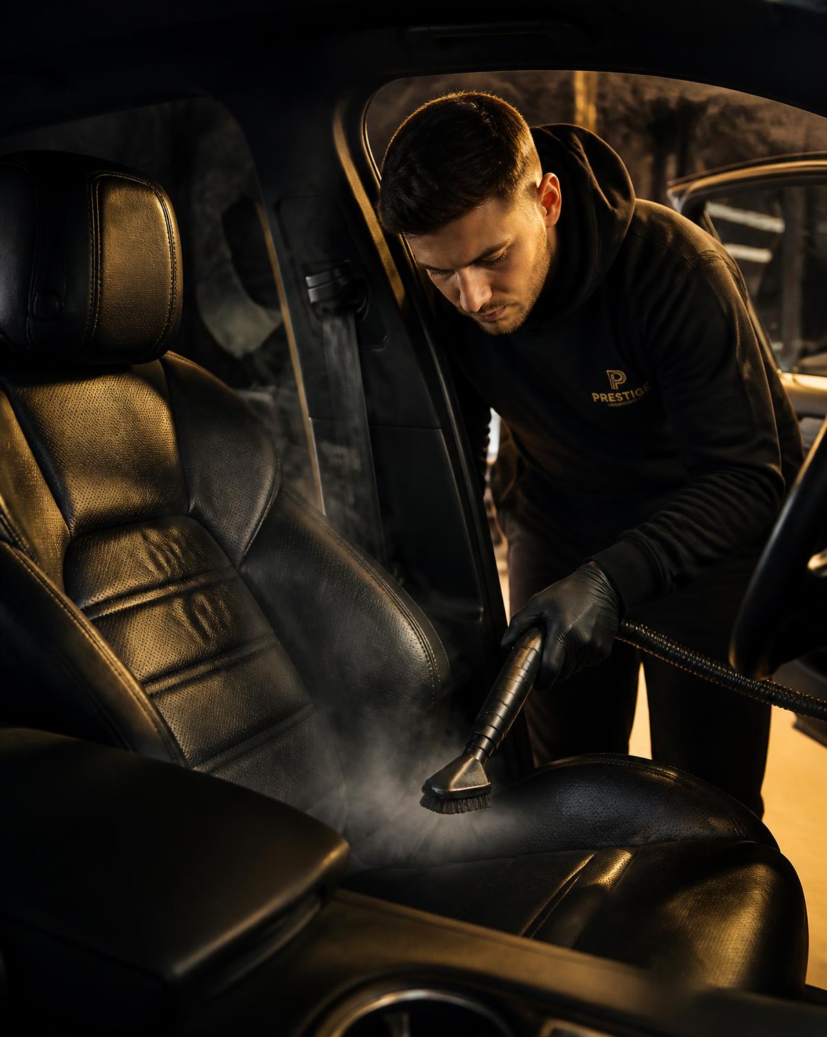 Steam cleaning a black leather car seat
