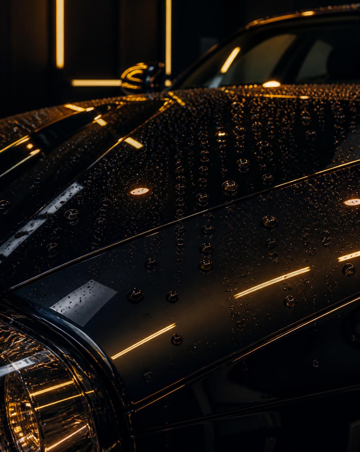 Freshly coated glossy black paint beading water
